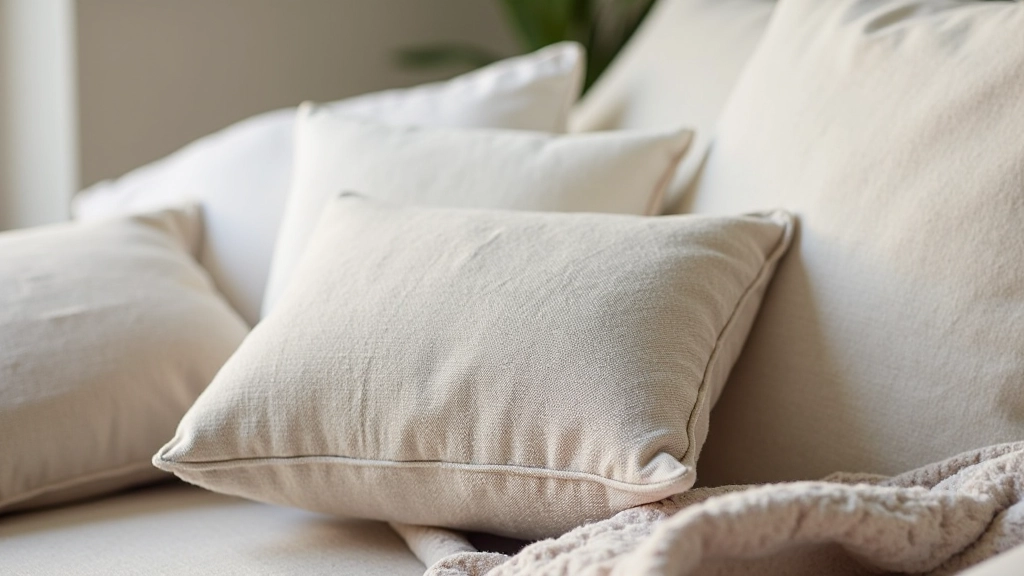 Close-up of various textile textures and patterns including linen, cotton, and velvet cushion covers