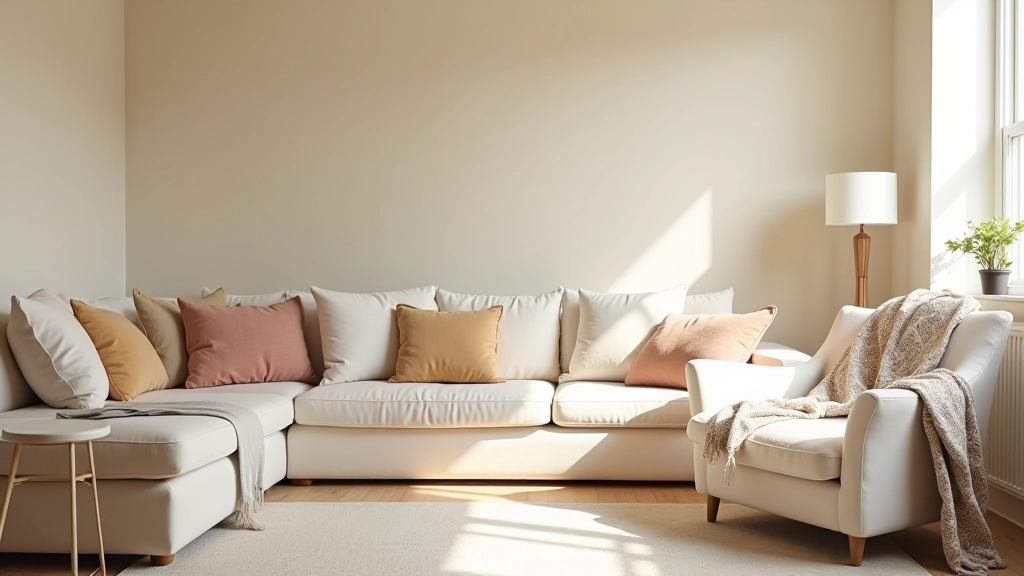 Living room with new throw pillows and soft furnishings arranged on sofa from John Lewis and Dunelm