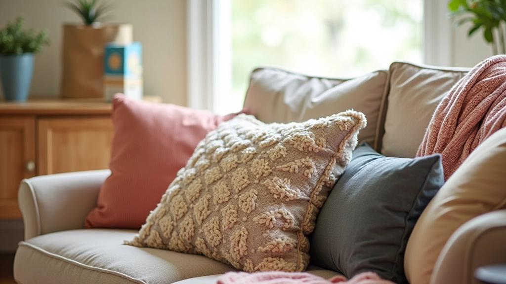 Cosy sofa displaying various coloured cushions, throws, and soft furnishings in a bright living room