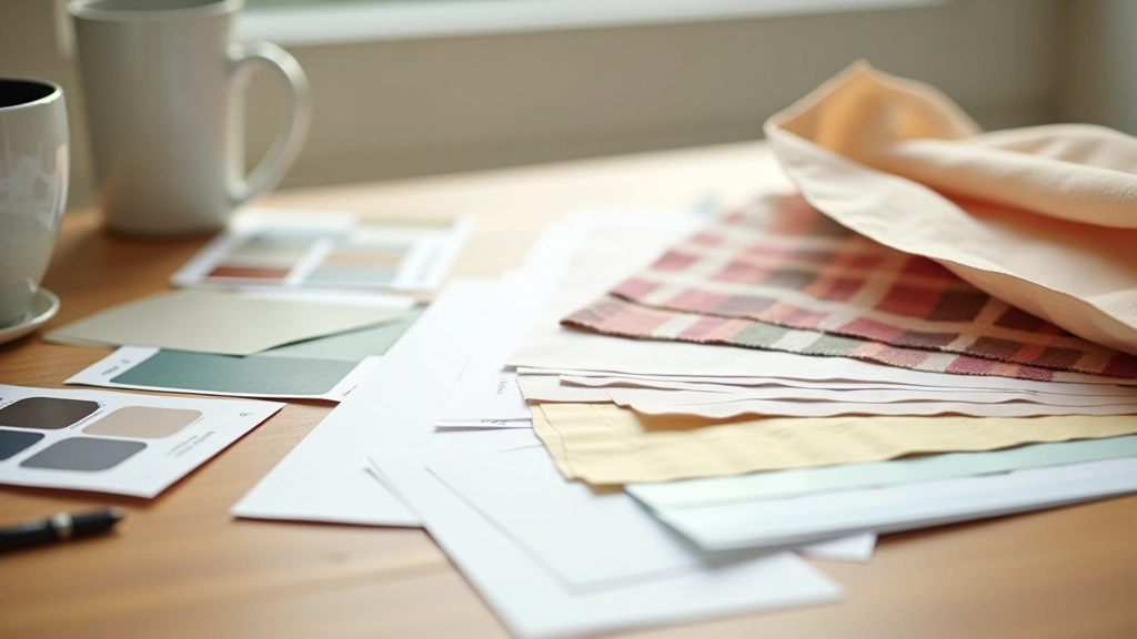 Paint colour swatches and fabric samples arranged on wooden surface with natural window light casting shadows