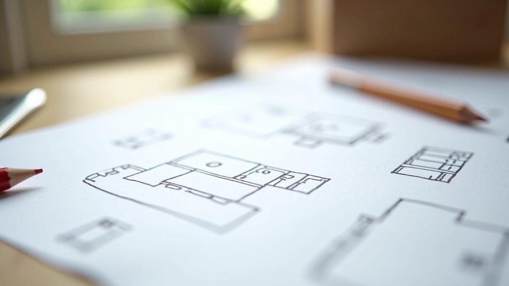 Graph paper with room measurements, furniture sketches, and multiple layout options drawn with colored pencils