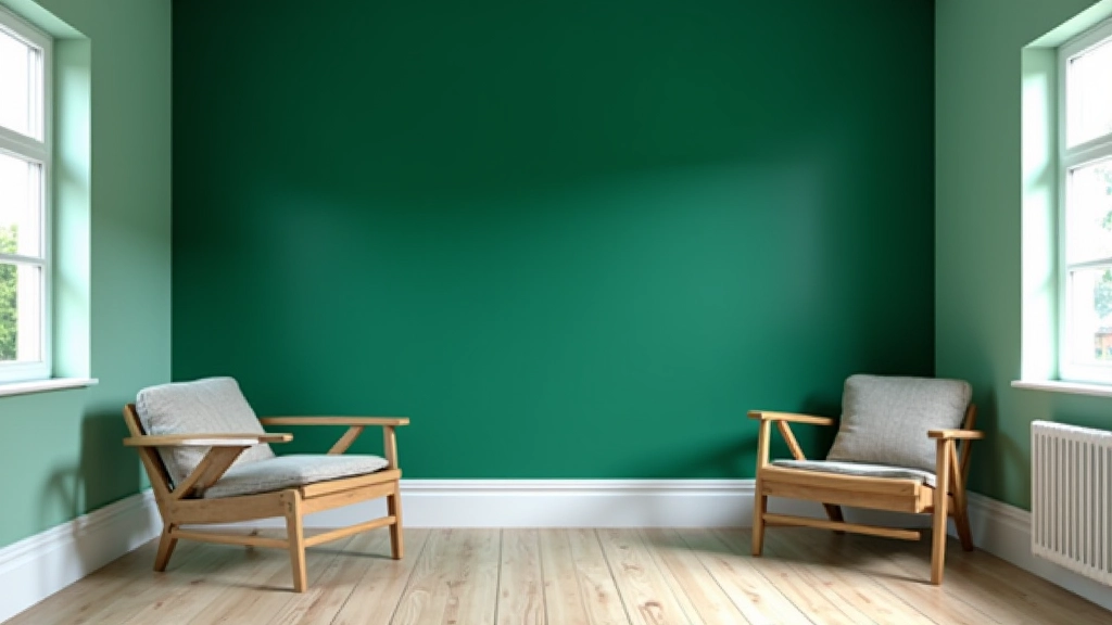 Feature wall painted in deep green colour with white trim and simple furniture arrangement