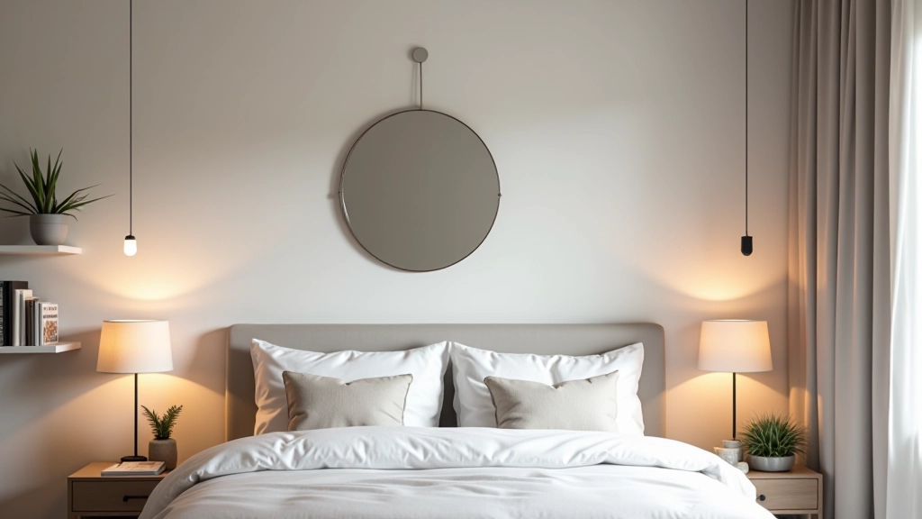 Bathroom and bedroom with updated mirrors, lighting fixtures, and organised accessories on shelves