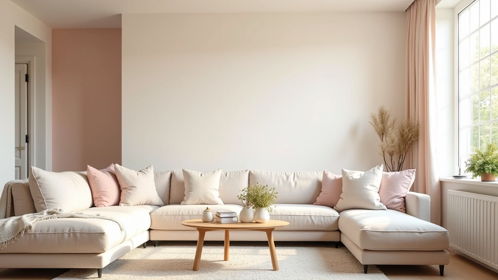 Modern living room with pastel accent wall, rearranged furniture, and updated soft furnishings on neutral background