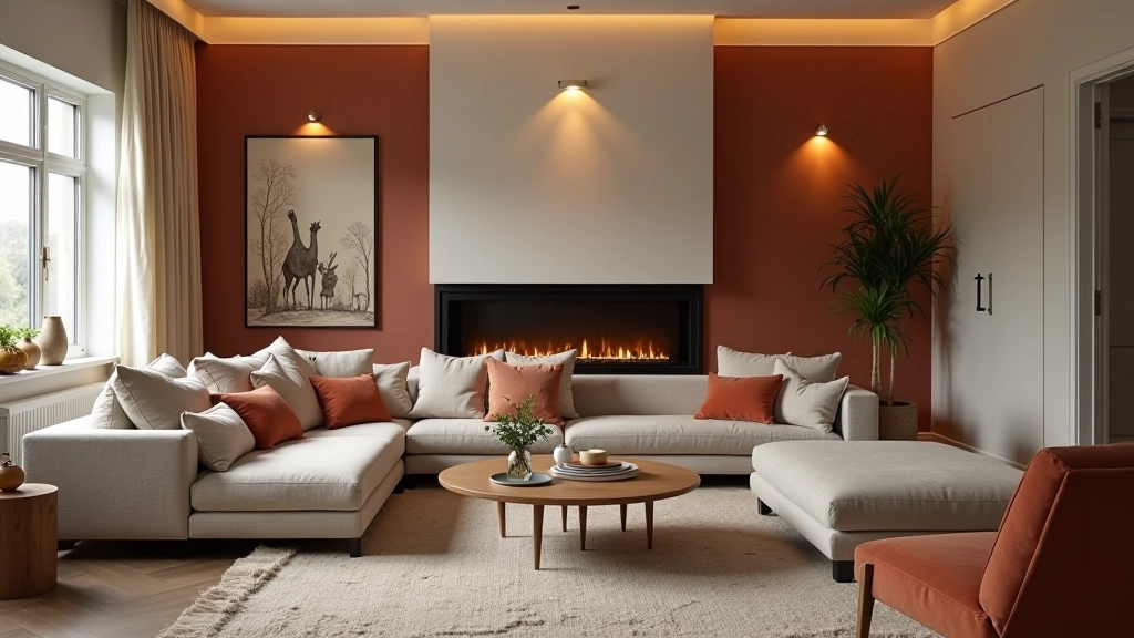 Living room with sofa floated in center, facing a fireplace, with accent chairs positioned to create conversational grouping