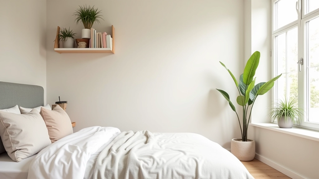 Organised bedroom with decluttered surfaces, neatly arranged books on shelf, and minimalist decor styling