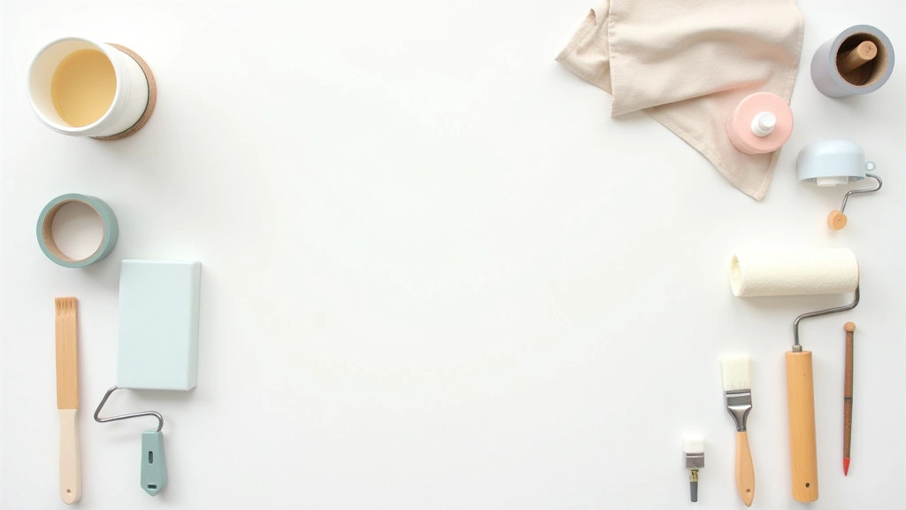 Painting supplies organized on white drop cloth including paint tray, rollers, brushes, masking tape, and primer bottles
