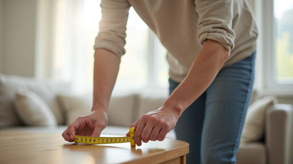 Person measuring a sofa with a tape measure, room dimensions visible on a tablet screen in background