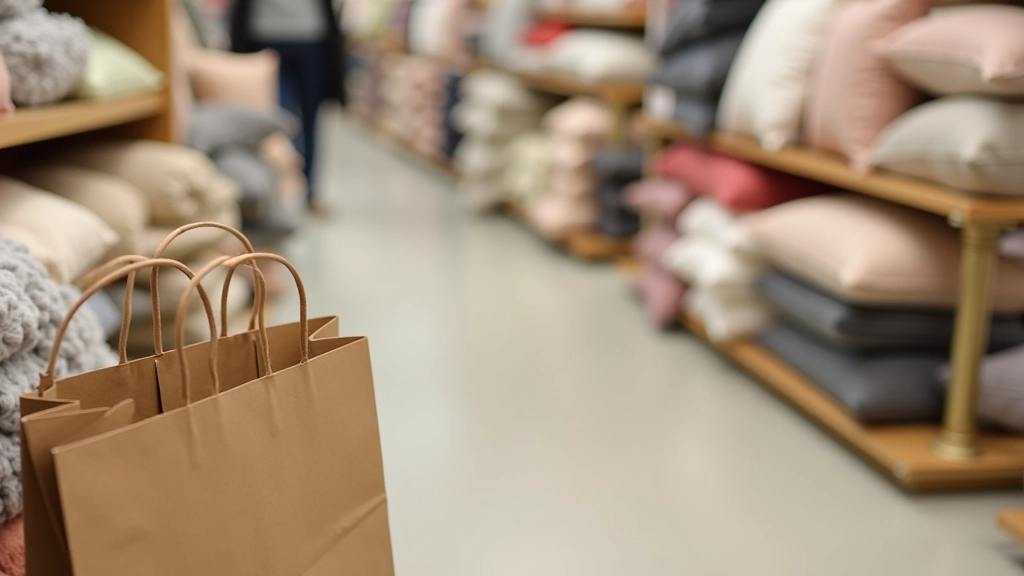 Shopping bags from John Lewis and Dunelm with soft furnishings including cushions and throws displayed