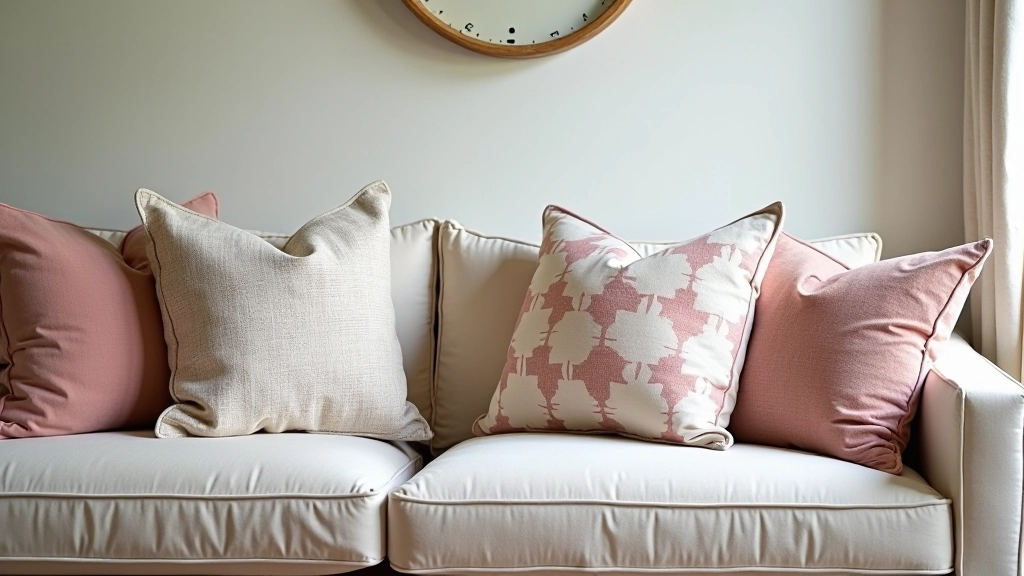 Sofa styled with various patterned and textured cushions in coordinated colours and textures, interior design styling