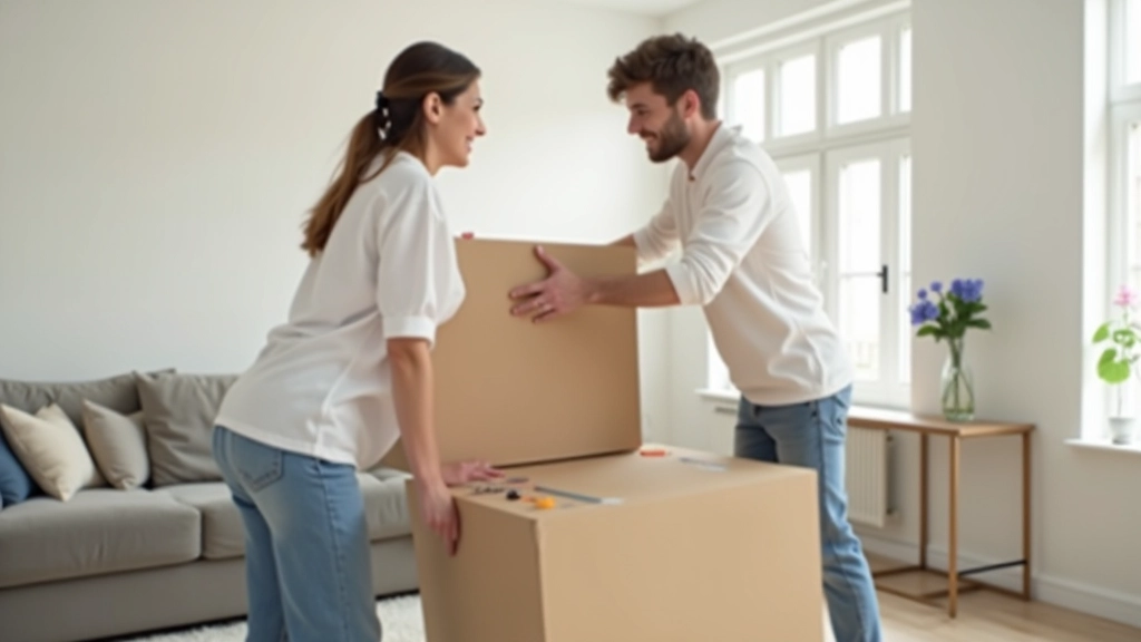 Two people moving a sofa together, using proper lifting technique, in a bright hallway